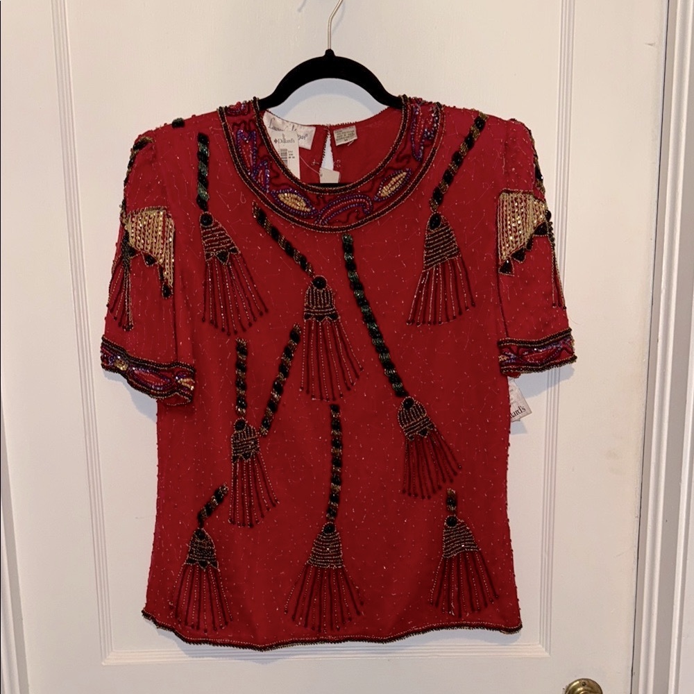 NWT Vintage Red silk beaded top.  SZ M